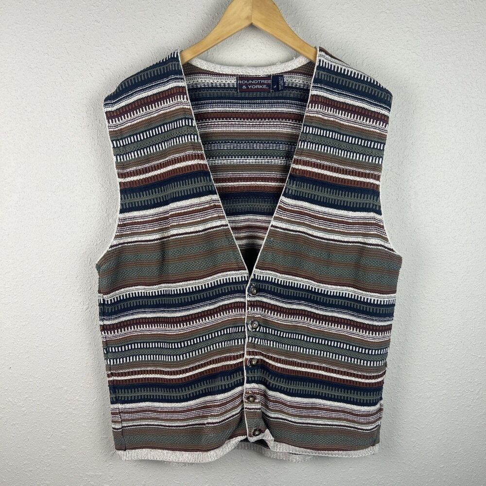 Vintage Roundtree Yorke Sweater Vest Men's XL Rainbow Colorful Cardigan Knit USA